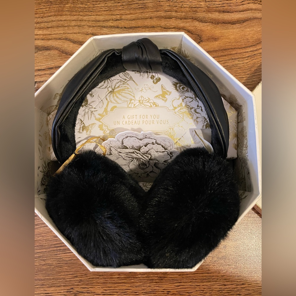 House of Harlow Black Faux Fur + Faux Leather Earmuffs